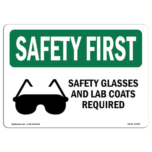 OSHA Sign, Glasses And Lab Coats Required W/ Symbol, 10in X 7in Aluminum, 10" W, 7" H, Landscape